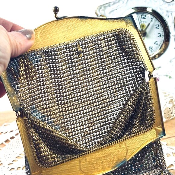 Antique Whiting & Davis Mesh Purse c1915–1925 Enamel Lyre Motif Metal Mesh Eveni - Picture 6 of 16
